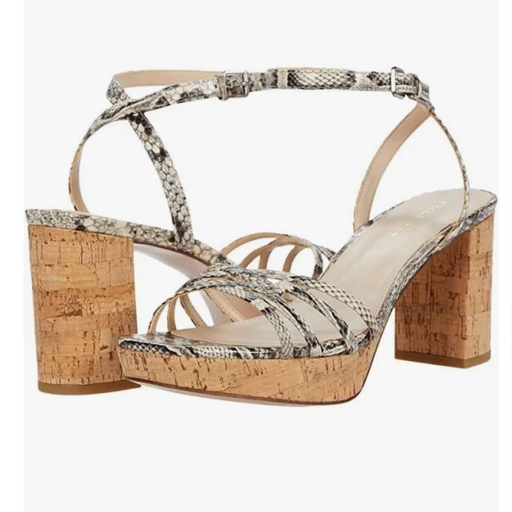 Pelle Moda Amy2 Snakeskin Black/White Ankle Strap Cork Platform Sandal Size 7.5